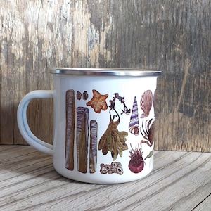 Enamel Mug; Seaside seashore mug with illustrations by Alice Draws The line; a beach or coast essential tin cup to accompany your flask!