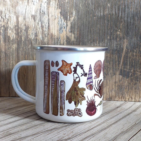 Enamel Mug; Seaside seashore mug with illustrations by Alice Draws The line; a beach or coast essential tin cup to accompany your flask!