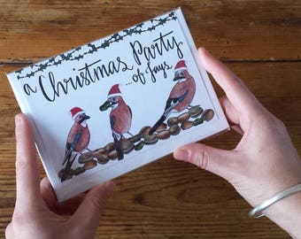 Christmas Party Cards by Alice Draws The Line; a group of Jays is called a party! This card shows birds having a party eating pistachio nuts