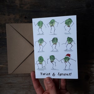 Twist and Sprout! Christmas Cards by Alice Draws the Line; in a pack of 4 or individually, with illustrated dancing sprouts & hand lettering