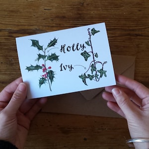 Holly and Ivy Illustrated Christmas Card packs by Alice Draws the Line, Botanical Illustration Christmas Card
