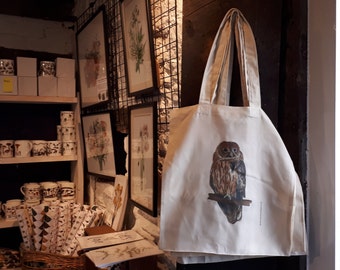 Owl bag by Alice Draws The Line, 100% recycled, reusable tote bag. Tawny owl illustration on one side. Many other designs available