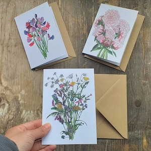 Botanical Bouquet card collection, a set of 3 flower greeting cards by Alice Draws The Line featuring peonies,sweet peas, spring wildflowers