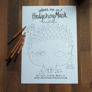 Colour in Hedgehog mask by Alice Draws the Line -a woodland animal face that you download, print, colour in, cut out & dress up in!Printable