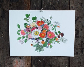 Preserving your wedding bouquet as original artwork - illustrated wedding flowers by Alice Draws the Line, preserved wedding button holes