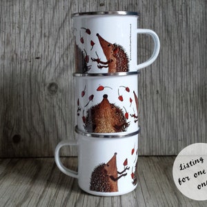 Enamel Mug; Juggling Hedgehogs illustrations by Alice Draws The line, for children /adults an essential tin cup to accompany your flask