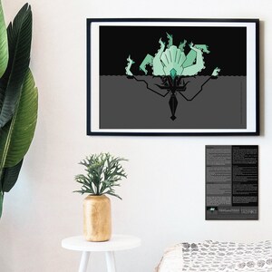 May include: A framed art print featuring a stylized illustration of a sea creature in shades of black, gray, and teal. The artwork hangs above a small white table with a gold vase and a large potted plant. The image also includes a smaller poster.