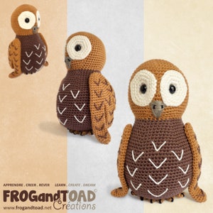 May include: Crocheted owl in shades of brown, tan, and cream. The owl has large, round eyes and detailed wing and body patterns. The image includes the text "FROG and TOAD Creations" and the words "Learn. Create. Dream."