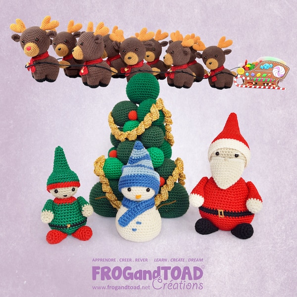 NOEL Sapin RUDOLPH Pere Noël Bonhomme de Neige & Lutin Amigurumi Crochet Pdf Patron DIY traîneau Echarpe Chapeau Renne FROGandTOAD Créations