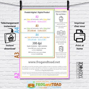 May include: A digital product poster with text in English and French, including size options A2, A3, and A4, with dimensions in inches and millimeters. The poster features the text "Instant download" and "Print at home."