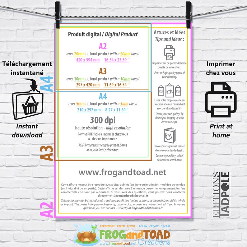 May include: A digital product poster with text in English and French, including size options A2, A3, and A4, with dimensions in inches and millimeters. The poster features the text "Instant download" and "Print at home."