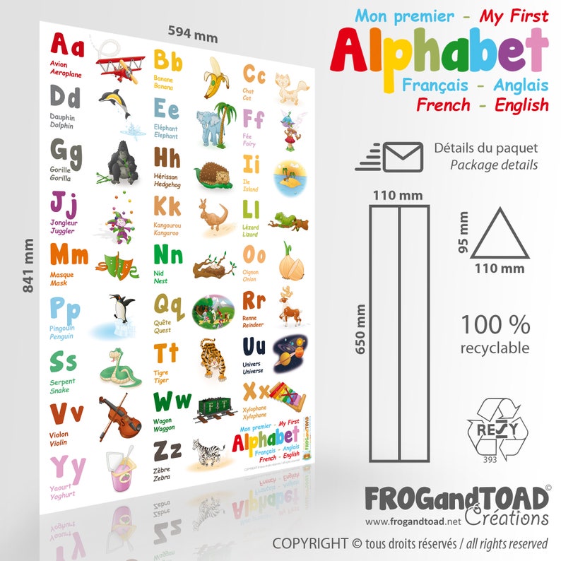 A to Z Bilingual ALPHABET POSTER French English HOMESCHOOL School Education Polyglot Classroom Decoration Child Multilingual Gift Kids image 8