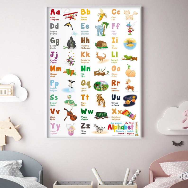 A to Z Bilingual ALPHABET POSTER French English HOMESCHOOL School Education Polyglot Classroom Decoration Child Multilingual Gift Kids image 1