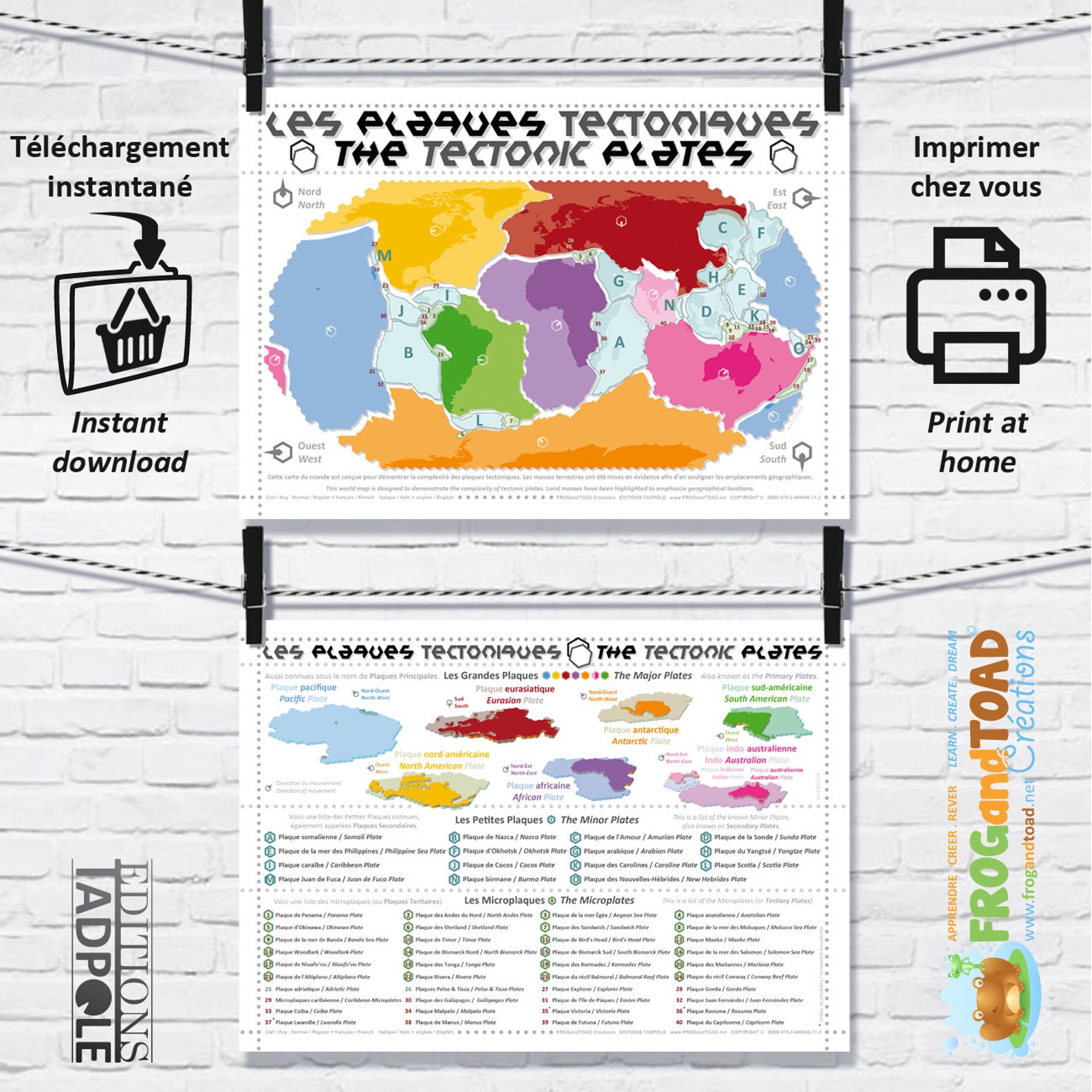 Printable - the TECTONIC PLATES Map Poster Bilingual French English ...