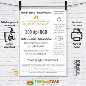 May include: A digital product poster with the text "Produit digital / Digital Product A1" and dimensions of 23.39 x 33.27 inches. It includes instructions for printing at home and a website address. The poster is suspended by two black clips.