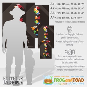 May include: A display of four framed art prints featuring colorful, pixelated world maps against a dark background. The prints vary in size, with dimensions listed in inches. Text in French and English provides tips for printing and display.