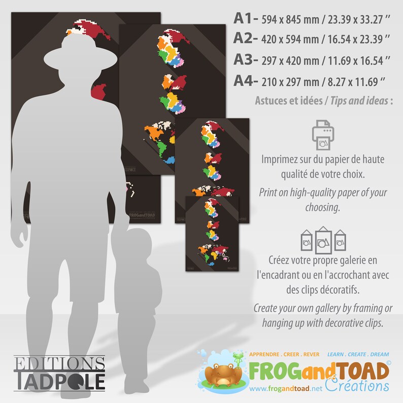 May include: A display of four framed art prints featuring colorful, pixelated world maps against a dark background. The prints vary in size, with dimensions listed in inches. Text in French and English provides tips for printing and display.