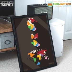 May include: A framed print featuring a pixelated world map in various colors, including red, green, yellow, and blue, against a dark brown background. The print has the text "EDITIONS IADPOLE" in the lower left corner and "FROG and TOAD" in the lower right corner.