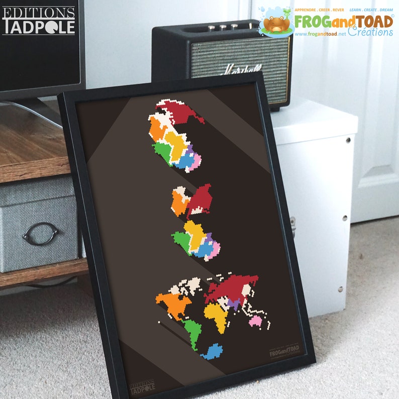 May include: A framed print featuring a pixelated world map in various colors, including red, green, yellow, and blue, against a dark brown background. The print has the text "EDITIONS IADPOLE" in the lower left corner and "FROG and TOAD" in the lower right corner.