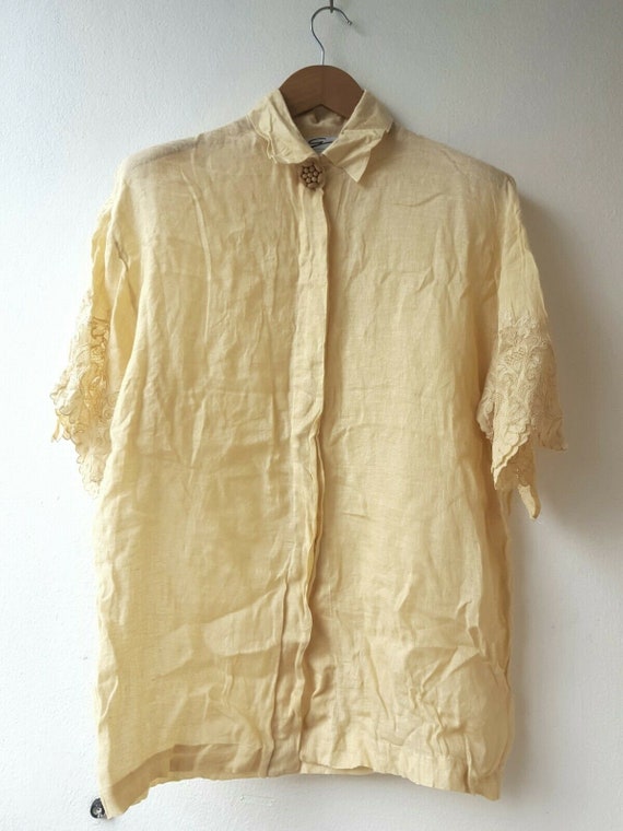 SH03, Vintage GENNY shirt, Yellow Linen Shirt , V… - image 1