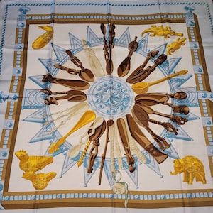 HM06, Vintage HERMES silk scarf,Hermes Cuillers D&#39; Afrique silk scarf, blue scarf,made in france,By Cathy Latham,vintage hermes scarf, Gifts
