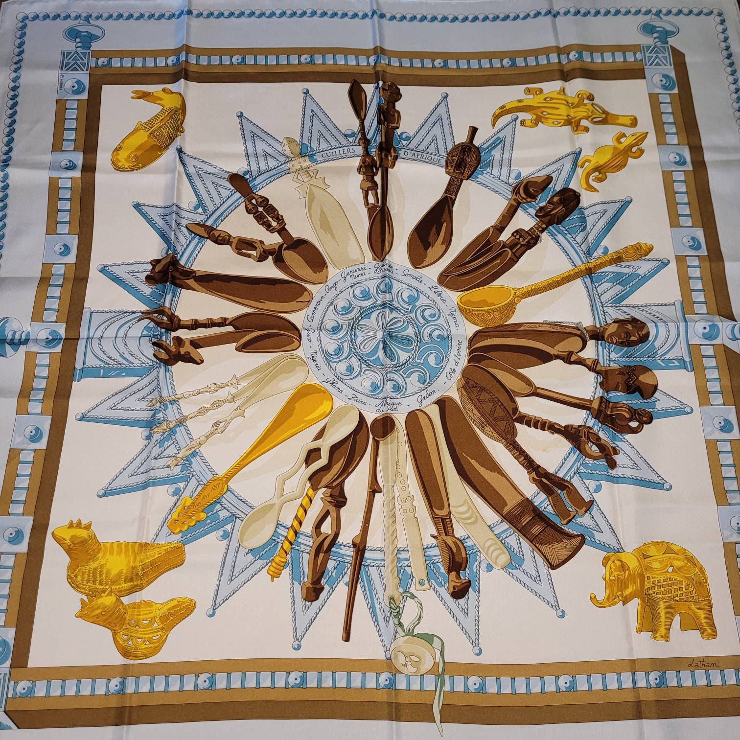 HM06, Vintage HERMES silk scarf,Hermes Cuillers D' Afrique silk scarf, blue scarf,made in france,By Cathy Latham,vintage hermes scarf, Gifts