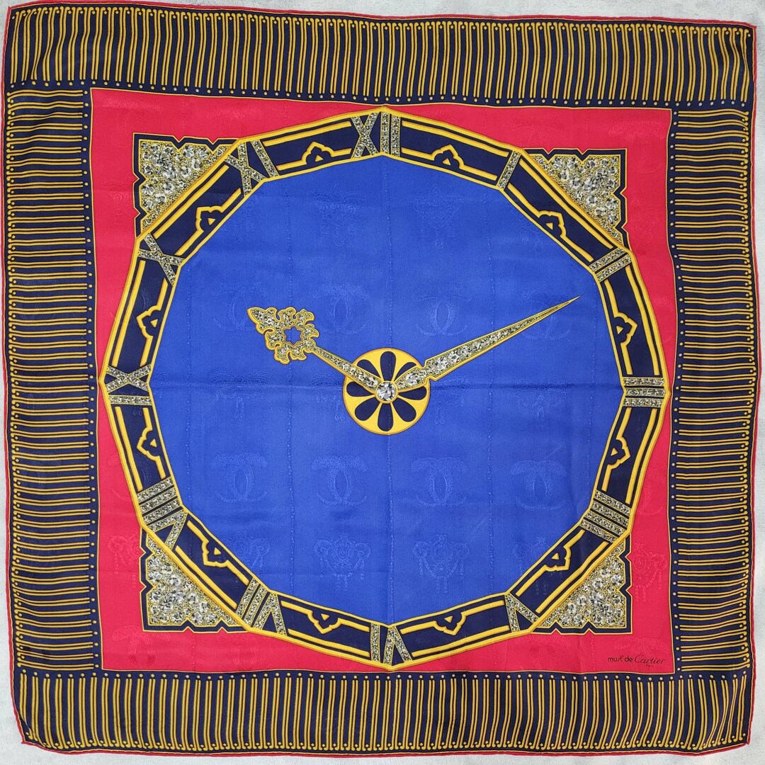Vintage Must De Cartier Clock Silk Scarfred Blue Scarfsilk Etsy