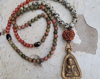 108 Beads style mala,Buddha pendant necklace, beads stone jewelry, Mala necklace, Lucky charm, Thailand, Beads necklace, Hippie,Buddha
