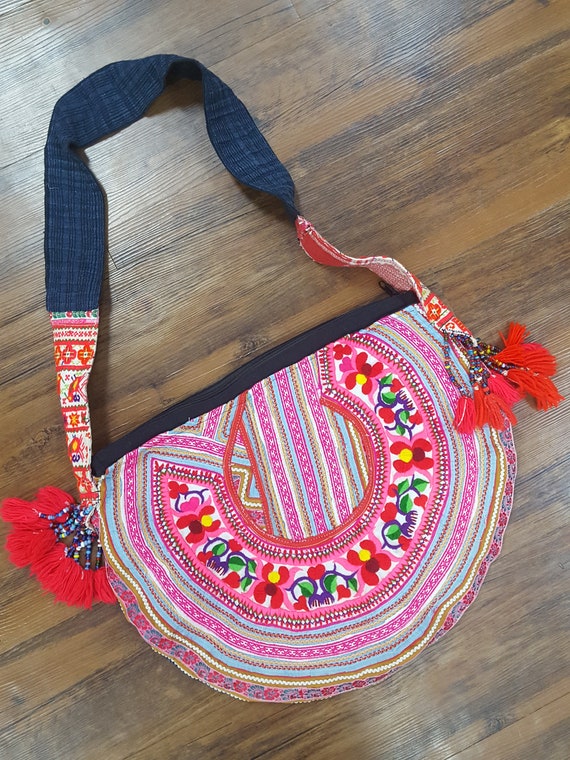 Hmong Shoulder Bags Handmade Pom Pom Bag Embroidered Tribe Vintage Unique Hippie 
