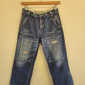 Spodnie jeansowe CUBE SUGAR, rozmiar M, rok produkcji 2000, lata 90., podwójne kolano, patchwork, plamy farby