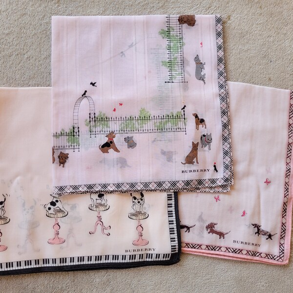 3 Vintage Burberry handkerchief,Burberrys handkerchief,Cotton bandanna,hanky,Lady accessories,girl hanky,small pockets,hair ban,Pink,Dog