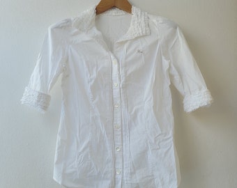 SH19, Vintage Burberry white blouse, Size 38,3/4 sleeve,white blouse,wear to work,Burberrys of London,season casual,button blouse,BB blouse