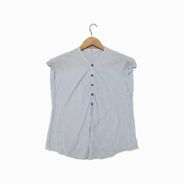 SH28, Plantation Issey Miyake blouse, Women's Blouse japanese Blouse size M Blue pleated Button summer crop top blue blouse cotton shirt