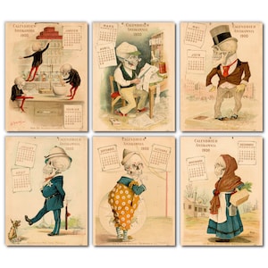 Puede incluir: Un conjunto de 6 tarjetas de calendario vintage con un esqueleto en diferentes atuendos y poses. Cada tarjeta tiene un mes diferente y el texto "Calendrier Antikamnia 1900".