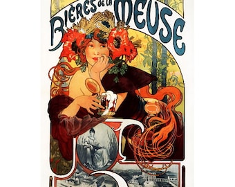 Bieres de la Meuse Advertising Poster FRIDGE MAGNET, Alphonse Mucha Art Nouveau Mini Gift Refrigerator