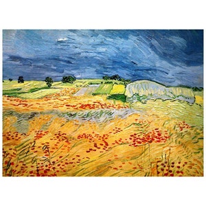 Könnte beinhalten: Ein Gemälde, das ein Weizenfeld mit roten Mohnblumen im Vordergrund zeigt. Der Himmel ist stürmisch blau mit weißen Wolken. Das Gemälde ist im Stil von Vincent van Gogh.