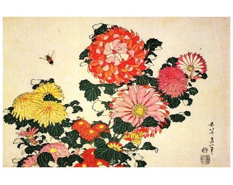 Hokusai, Chrysanthemums and a Bee FRIDGE MAGNET, Edo Fine Art Japanese Woodblock Print Repro Mini Gift Refrigerator Magnet