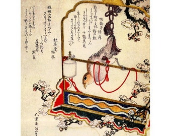 Hokusai, Robin as a Present FRIDGE MAGNET, Edo Fine Art Japanese Woodblock Print Repro Mini Gift Refrigerator Magnet