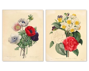 Bouquet of Flowers Wall Art Set of 2 Prints, Anemone Coronaria Poppy Anemone Spanish Marigold Camellia Pansy Narcissus Daffodil
