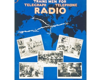 May include: A vintage World War II recruitment poster for the U.S. Army Signal Corps. The poster features a map of the world with lightning bolts connecting different locations. The text reads "The Signal Corps Trains Men for Telegraph Telephone Radio". The poster also includes photos of soldiers in training.