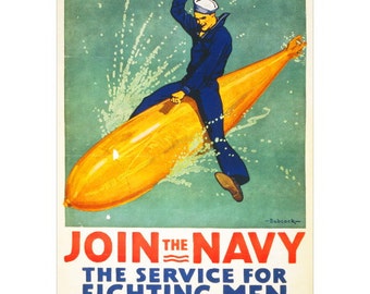 Join the Navy Recruiting Poster FRIDGE MAGNET, 1917 WW1 Military Poster Torpedo Mini Gift Refrigerator