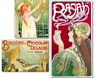 Vintage Art Nouveau Fridge Magnet Set, Henri Privat-Livemont Advertising Posters