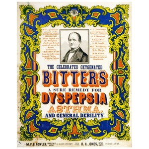 May include: A vintage advertisement for "The Celebrated Oxygenated Bitters", a medicine claiming to be a sure remedy for dyspepsia, asthma, and general debility. The ad features a portrait of a man in a suit and a decorative border with an eye in the center.