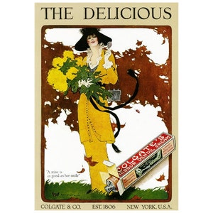 Pode incluir: Um anúncio vintage para Colgate's Ribbon Dental Cream com uma mulher em um vestido amarelo e um chapéu preto segurando um buquê de flores amarelas. O texto diz "The Delicious" e "Colgate's Ribbon Dental Cream".
