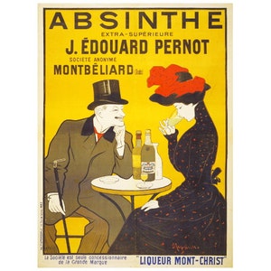 Puede incluir: Un cartel vintage que anuncia J. Edouard Pernot Absinthe Extra-Superieure, un licor de Montbeliard. El cartel muestra a un hombre y una mujer sentados a una mesa con botellas de absenta. El texto del cartel dice "Absinthe Extra-Superieure J. Edouard Pernot Societe Anonyme Montbeliard" y "Liqueur Mont-Christ".
