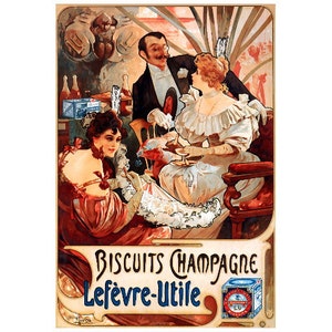 May include: A vintage advertisement for Lefèvre-Utile Biscuits Champagne. The image features three people in a luxurious setting, enjoying a meal. The text "Biscuits Champagne Lefèvre-Utile" is prominently displayed at the bottom of the image.