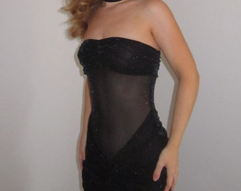 Black Sequin Mesh Maxi Dress, Black Bandeau Sheer Gown, Sheer Glitter Dress With Choker, Bond Girl Evening/Birthday/Cocktail/Summer Dress