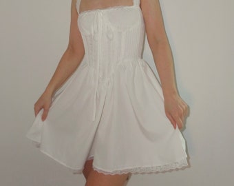 White Milkmaid Corset Mini Dress, Feminine Summer Dress, Cottage Core Outfit, Summer Clothing, Date Night, Lace Frilly, White Sun Dress