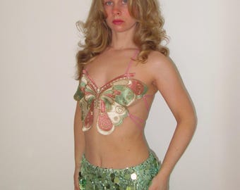 Bralette de mariposa bordada a mano: Top Ibiza metálico Y2K
