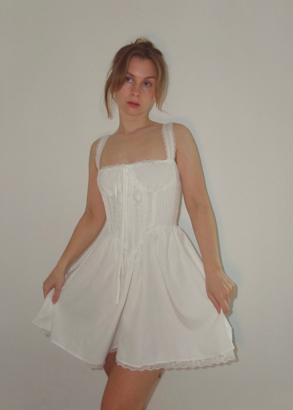 Summer Mini Dresses White Straps Neck Lace Cottagecore Dress